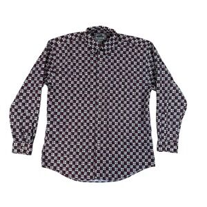 NAK Size M Button Down Shirt Vintage Geometric Cotton Burgundy Navy Pattern